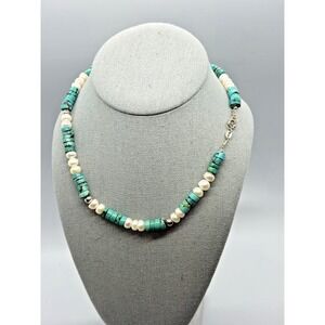 Vintage Israel 925 Sterling Turquoise Pearl Bead Necklace Artisan 18" on Chain